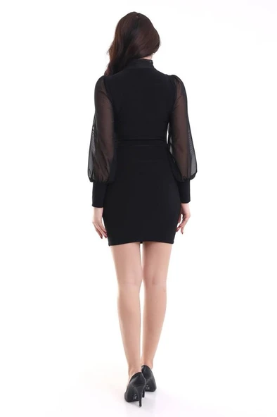 Kadın Balıkçı Yaka Transparan Detay Fırsat ürün Sandy Kumaş Mini Elbise - Resim 4