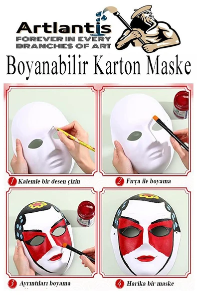 Maske Boyama 1 Paket Boyanabilir Karton Maske Lastikli İnsan Yüzü Suratı Yerli Üretim Fırça Akrilik Boya 6 Renk - Resim 2
