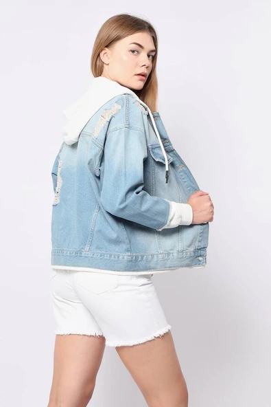 Kadın Garnili Oversize Jean Ceket Açık Mavi - 5