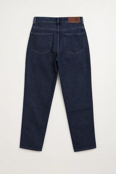 Kadın Yüksek Bel Mom Fit İndigo Jean Pantolon - 3