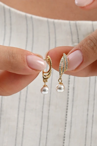 Gümüş altın yaldızlı zirkon taşlı sallantılı inci küpe SGTL13021GOLD ürün görseli