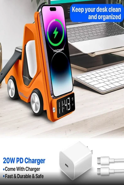 ULTRATEKNO T20 15W Dijital Saatli Forklift Şekli 5in1 Masaüstü Kablosuz Magsafe Şarj Standı - Resim 3