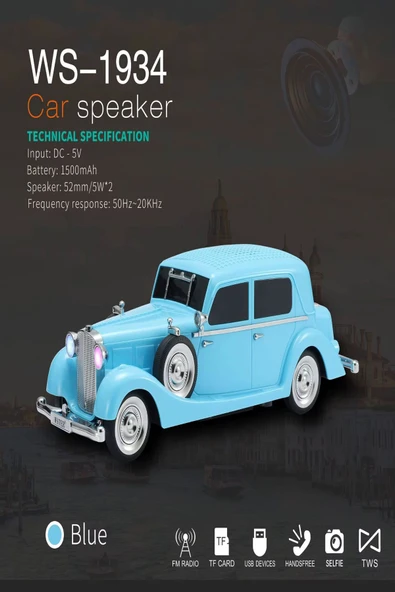 ULTRATEKNO WS-1934 Pontiac Sedan Diecast Araba Bluetooth Hoparlör Işıklı, FM Radyo ve USB Destekli Müzik Kutusu - Resim 6
