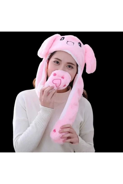 Clariss Trendyhım Beyaz Pembe Tüylü Kulakları Hareket Eden Pompa Kulaklı Tavşan Şapka - 3