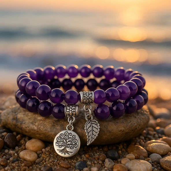 Valkyrie Doğal Ametist Taşlı Çift Kat Bileklik  El YapımıEnerji ve Denge Taşı - 6