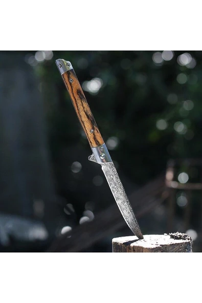 VAS.QUE M-390 Damascus Katlanabilir Özel Deri Kılıf Hediyeli Çakı - Resim 2