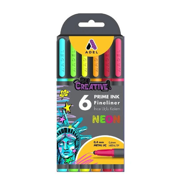 Adel Prime Ink İnce Uçlu Fineliner Kalem Metal Uç Neon Renkler 0.4 mm 6 lı ürün görseli