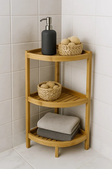Doğal Bambu 3 Katlı Köşe Banyo Rafı – Suya Dayanıklı Ahşap Organizer BR-6718 ürün görseli