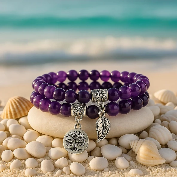 Valkyrie Doğal Ametist Taşlı Çift Kat Bileklik  El YapımıEnerji ve Denge Taşı - 3