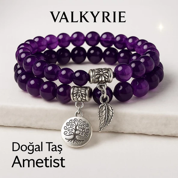Valkyrie Doğal Ametist Taşlı Çift Kat Bileklik  El YapımıEnerji ve Denge Taşı - 5