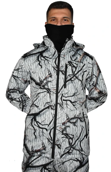 BEYAZ SOFT SHELL MONT AVCI SAZ KAR DESEN ÇİFT KAT POLARLI - 3