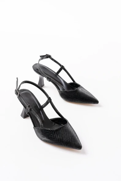 725 Siyah Pul Desenli Sivri Burunlu  Topuklu Kadın Ayakkabı - Resim 4