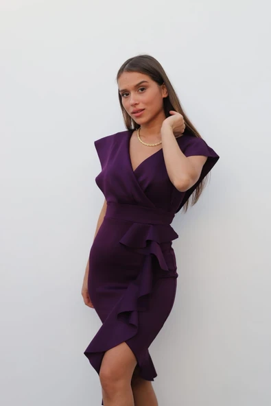 Scuba Kumaş Önü Fırfırlı Midi Boy Elbise - Resim 12