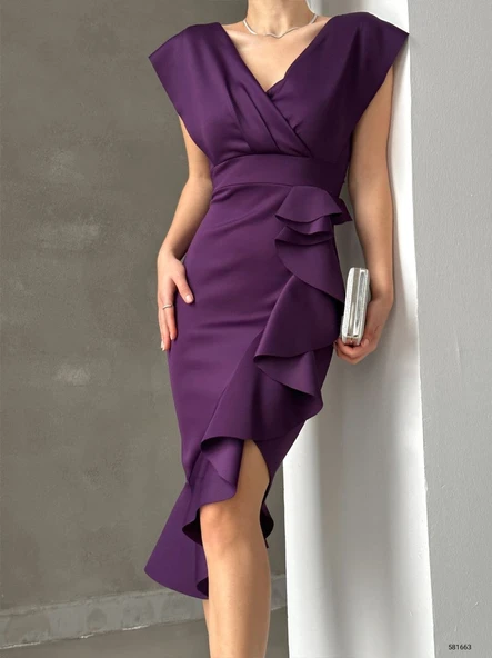 Scuba Kumaş Önü Fırfırlı Midi Boy Elbise - Resim 5