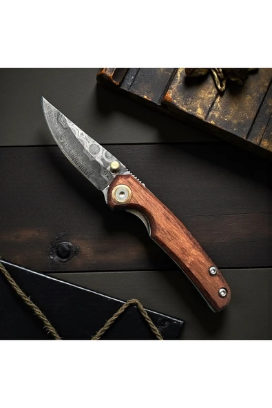 VAS.QUE Gül Ağacı Kabze Damasgus Çelik Çakı - Resim 3