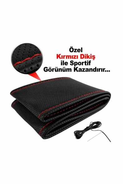 Deri Direksiyon Kılıfı Sarmalı Dikmeli Kırmızı Dikişli Kokusuz Kılıf
