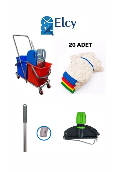 ELCY Çift Kovalı Krom Temizlik Arabası Paspas Arabası Sap Mop Aparat (Çelik Pressli)