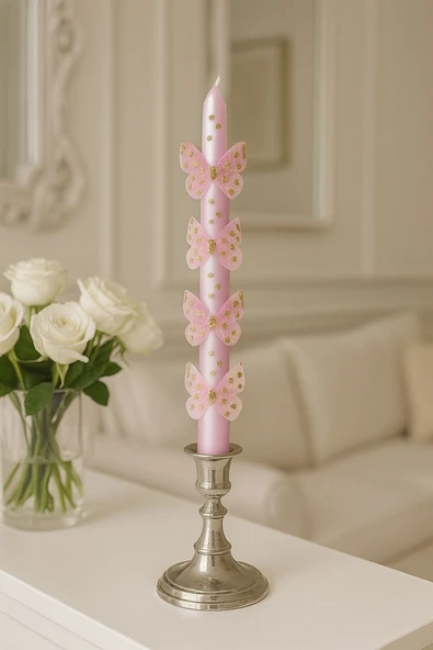 2'li Set Pembe Kelebekli Uzun Şamdan Mumu & Dekoratif Doğum Günü Mumu 25cm