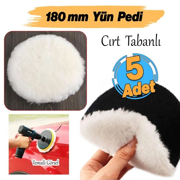 ( 5 Adet ) Yün Ped Ø 180 mm Pasta Cila Polisaj Süngeri Cırt Tabanlı Kuzu Postu Yünü Keçesi Parlatma - Resim 2