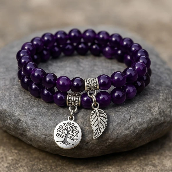 Valkyrie Doğal Ametist Taşlı Çift Kat Bileklik  El YapımıEnerji ve Denge Taşı - 4