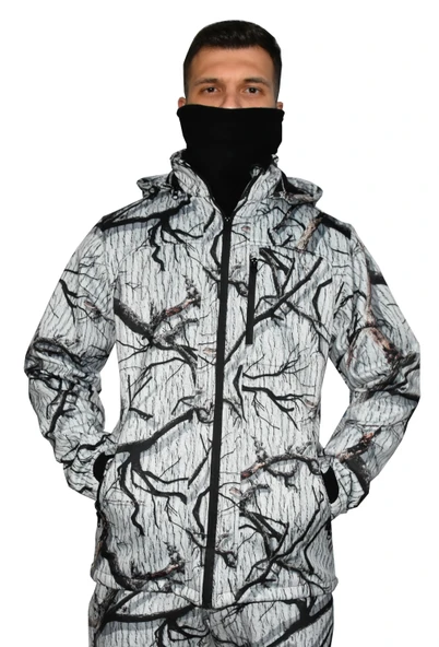 BEYAZ SOFT SHELL MONT AVCI SAZ KAR DESEN ÇİFT KAT POLARLI