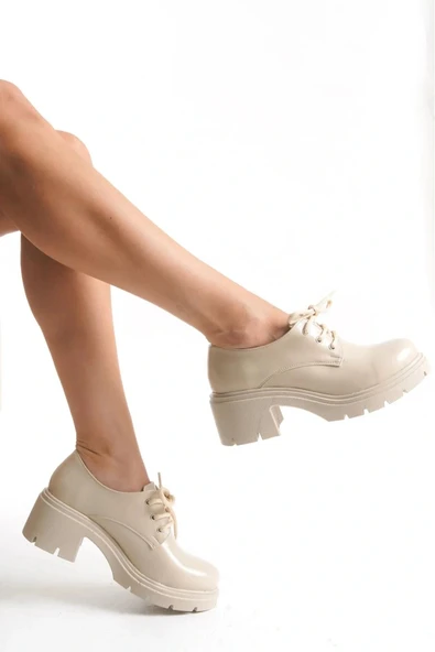 K-707 Bej Kırışık Rugan Yüksek Tabanlı Bağcıklı  Loafer Ayakkabı - Resim 3