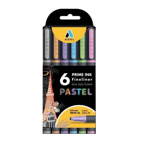 Adel Prime Ink İnce Uçlu Fineliner Kalem Metal Uç Pastel Renkler 0.4 mm 6 lı ürün görseli