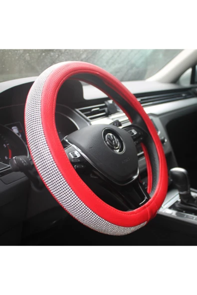 Bayan Sürücülere Özel Pırlanta Kırmızı Renk Geçmeli Direksiyon Kılıfı