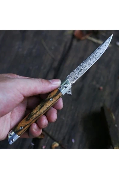 VAS.QUE M-390 Damascus Katlanabilir Özel Deri Kılıf Hediyeli Çakı - Resim 3