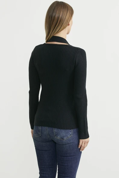 Boyundan Bantlı Fitilli Triko Kazak - Siyah - Resim 5