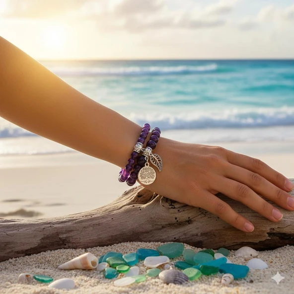 Valkyrie Doğal Ametist Taşlı Çift Kat Bileklik  El YapımıEnerji ve Denge Taşı - 2