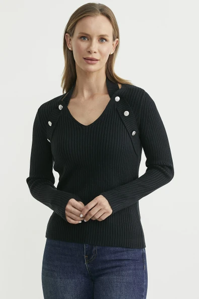 Boyundan Bantlı Fitilli Triko Kazak - Siyah - Resim 2