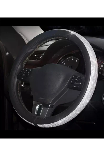 Parlak Gümüş Derili Taşlı Geçirmeli Direksiyon Kılıfı 38x40 cm