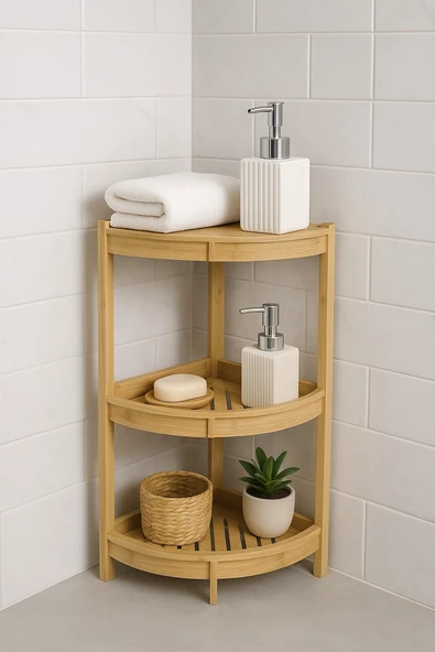 Doğal Bambu 3 Katlı Köşe Banyo Rafı – Suya Dayanıklı Ahşap Organizer BR-6718 - Resim 2