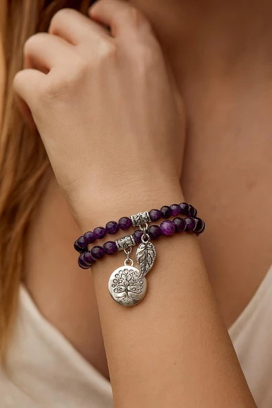 Valkyrie Doğal Ametist Taşlı Çift Kat Bileklik  El YapımıEnerji ve Denge Taşı - 7