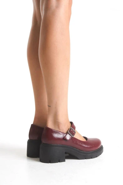 K-708 Bordo Kırışık Rugan Tokalı Yüksek Tabanlı Loafer Ayakkabı - Resim 2