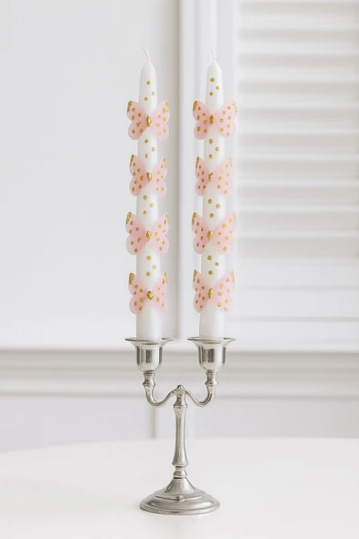 2'li Set Pembe Kelebekli Uzun Şamdan Mumu & Dekoratif Doğum Günü Mumu 25cm - 2