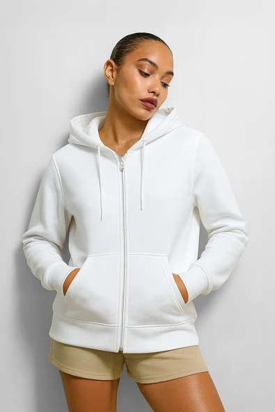 Kadın Fermuarlı Kapüşonlu Cepli İçi Polarlı Sweatshirt ürün görseli