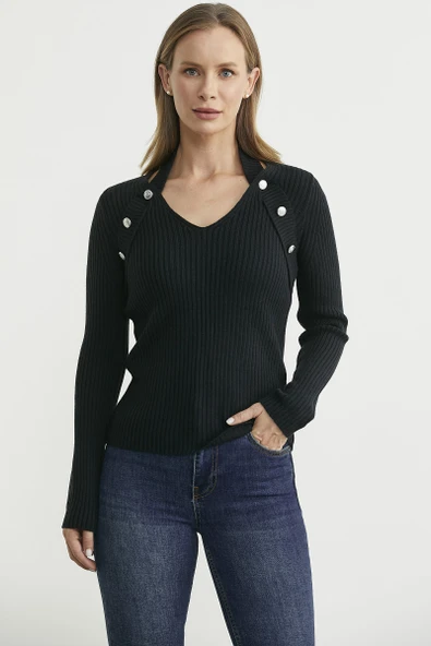 Boyundan Bantlı Fitilli Triko Kazak - Siyah - Resim 3