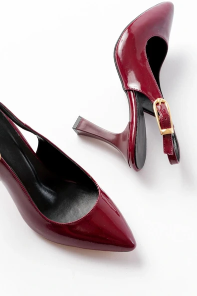 719 Bordo Rugan Sivri Burunlu Toka Detaylı  Topuklu Kadın Ayakkabı - Resim 4