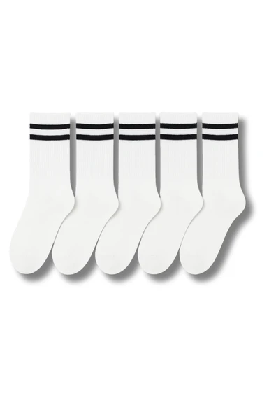 Erkek Beyaz Çift Çizgili Soket Çorap 5’li Paket