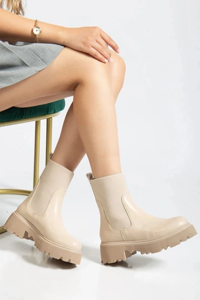 K-815 Bej Lastikli Yüksek Tabanlı Günlük Kadın Bot ürün görseli 1