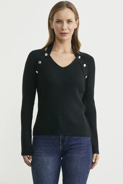 Boyundan Bantlı Fitilli Triko Kazak - Siyah ürün görseli