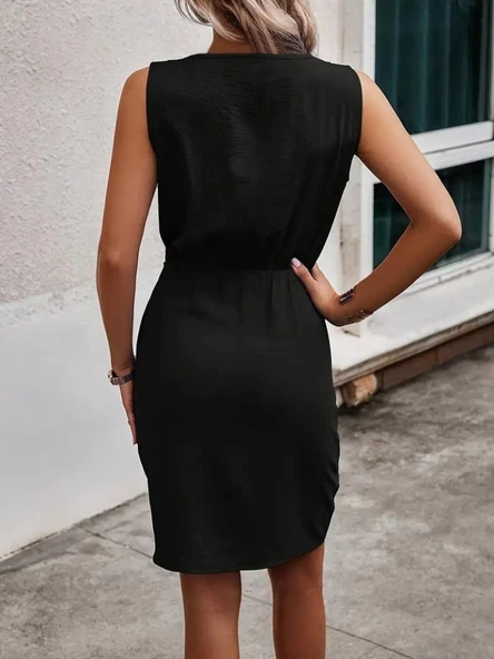 Kadın Sıfır Kollu Degaje Yakalı Yandan Bağlamalı Aerobin Elbise - Resim 3