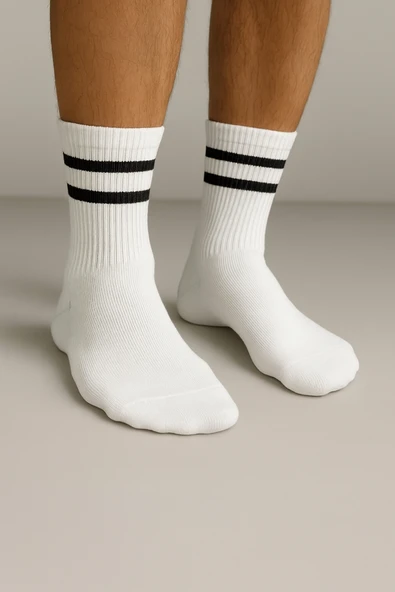 Erkek Beyaz Çift Çizgili Soket Çorap 5’li Paket - 2