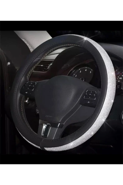 Parlak Gümüş Derili Taşlı Geçirmeli Direksiyon Kılıfı 38x40 cm - 2