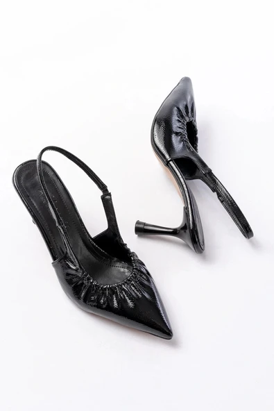 İNF-40451 Siyah Kırışık Rugan Günlük Arkası Açık Topuklu Bayan Ayakkabı - Resim 4