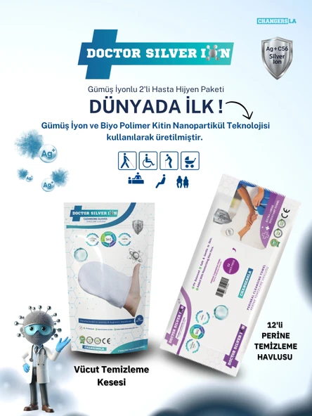 Gümüş İyonlu 2'li Hasta Hijyen Vücut Temizleme Kesesi ve 12'li Perine Islak Mendili Temizlik Seti ürün görseli