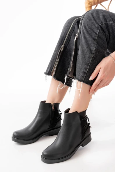 165-209 Siyah Arka Bağcık Aksesuarlı Fermuarlı Günlük Kadın Bot - Resim 2