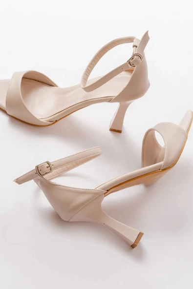 718 Bej Cilt Sivri Burunlu Topuklu Bilekten Bağlamalı Kadın Ayakkabı - Resim 5